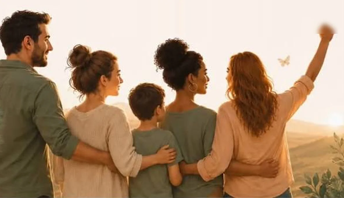 Un groupe d'adultes et un enfant, de dos, se tiennent par l'épaule face à un coucher de soleil ; une femme lève le poing
